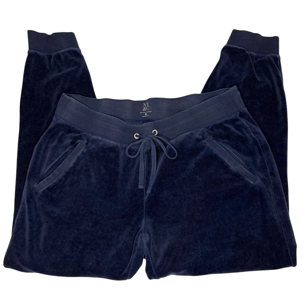 New York & Company Joggers Women M Navy Blue Velour Drawstring Sweatpants